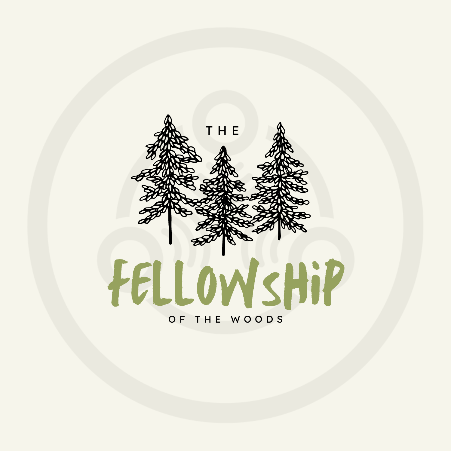 The Fellowship of the Woods logo; A circle containing three illustrated trees and the text "The Fellowship of the Woods" below them.