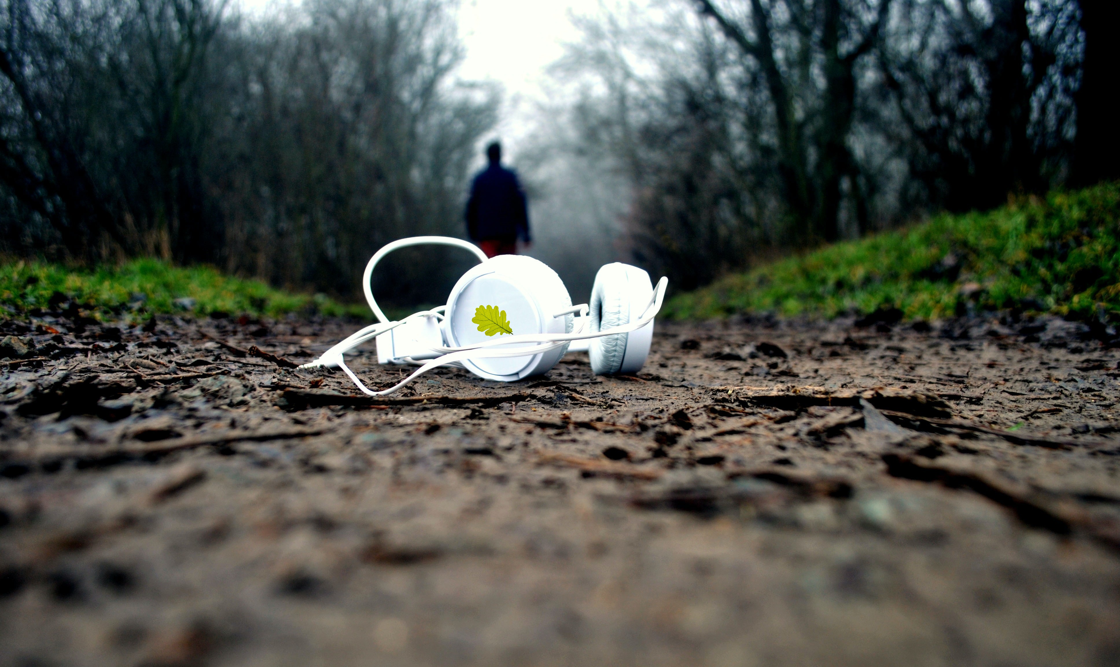 A set of white headphones with a green leaf on the ear lie on a muddy woodland footpath. There is a blurry silhouette of a person in the background.